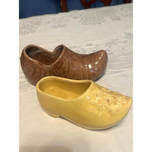 Vintage Dutch Clogs Shoes Planters McCoy? Art Pottery Yellow Brown Woodlike 6.5"
